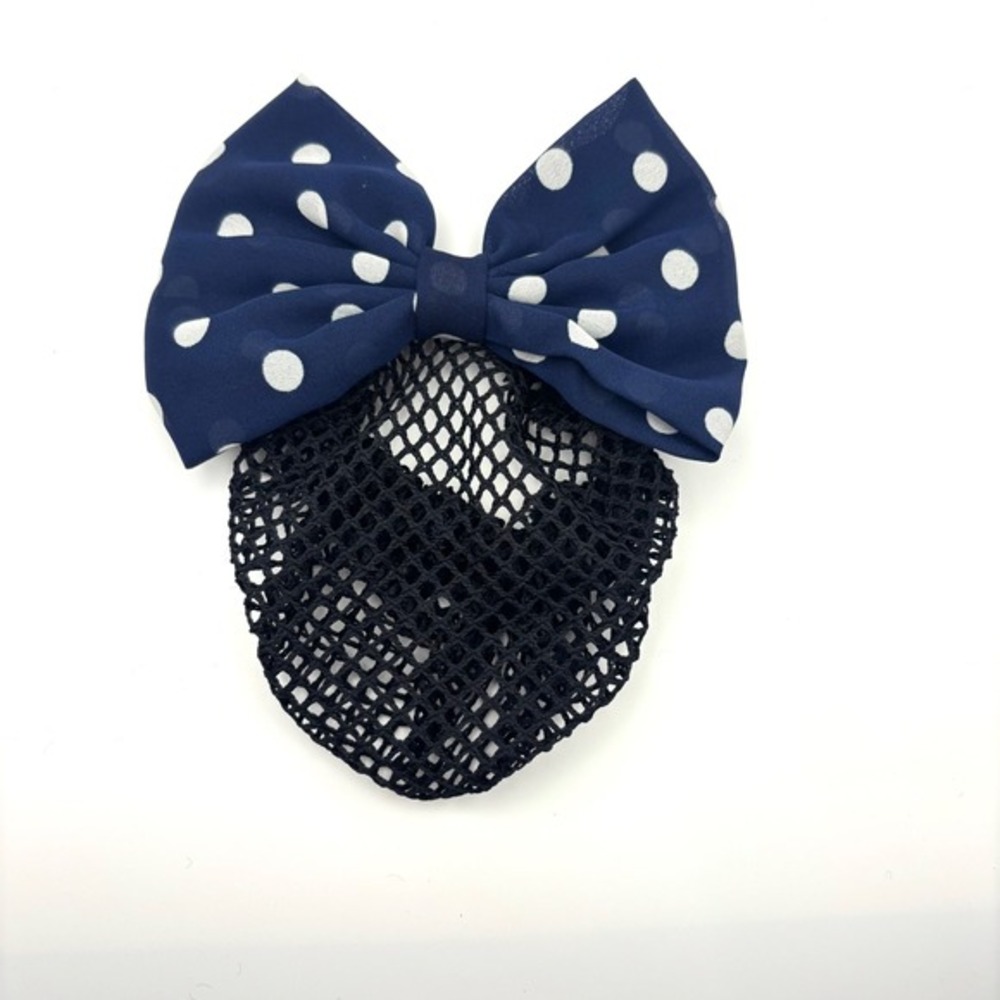Navy Blue White Polka Dot Bowknot Black Snood Bun Cover Hair‎ Clip